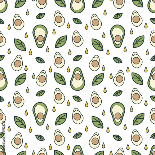 Seamless pattern with avocado and leaves. Vector eco background.