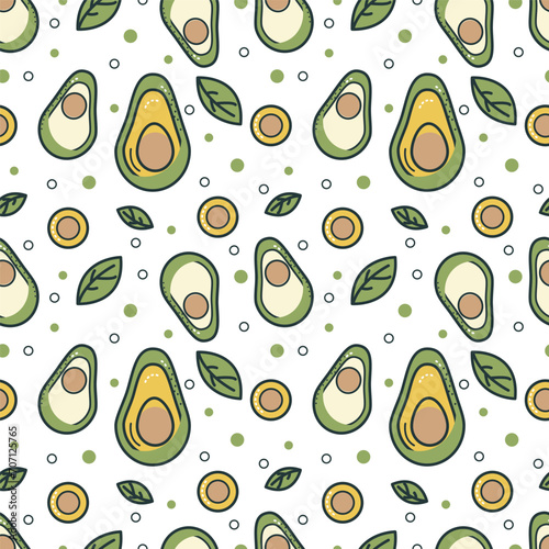 Seamless pattern with avocado and leaves. Vector eco background.