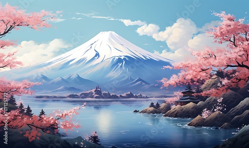 Mt fuji with the cherry blossom trees in the background, in the style of light sky-blue and dark red. Generative Ai
