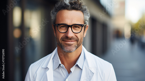 A physician in a white jacket and eyewear, peering into the camera while clutching a stethoscope, is featured in an isolated shot with copious text space for medical themes.