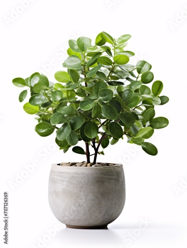 Potted green flora in a stone container on a white backdrop.