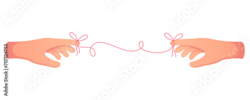 Two hands are tied by the red thread of fate