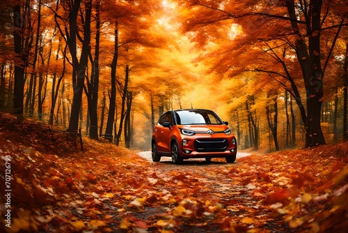 A compact city car driving through a colorful autumn forest, with leaves falling and covering the road.