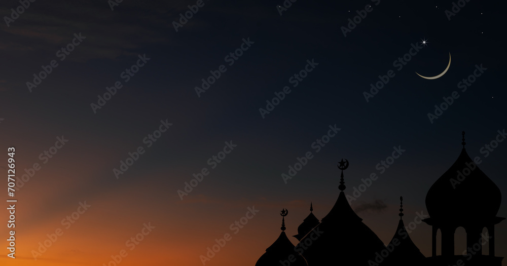 Silhouette dome mosques on twilight sky and crescent moon, Religious of Islamic well space for text Ramadan Kareem, Eid Al Adha, Eid Al Fitr, Eid Mubarak, Muharram 