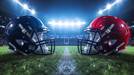 American football helmet on grass, American football helmets facing each other on football field with stadium lights. Sports background, Ai generated image