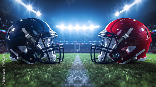 American football helmet on grass, American football helmets facing each other on football field with stadium lights. Sports background, Ai generated image