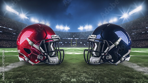 American football player, American football helmets facing each other on football field with stadium lights. Sports background, Ai generated image photo