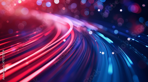 3d render, abstract neon background with pink and blue neon lines and reflection on the floor, blurred fluorescent lines in red and blue background, Ai generated image