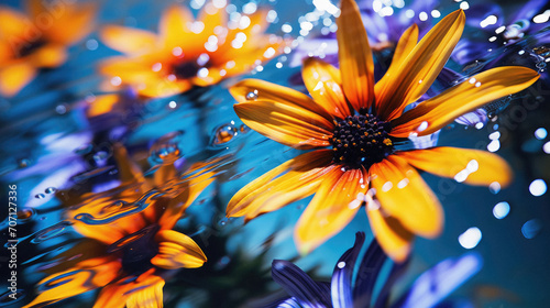 Close up of beautiful flowers reflected in water. Colorful background.