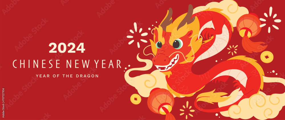 Happy Chinese new year background vector. Year of the dragon design wallpaper with dragon, chinese lantern, cloud, flower. Modern luxury oriental illustration for cover, banner, website, decor.