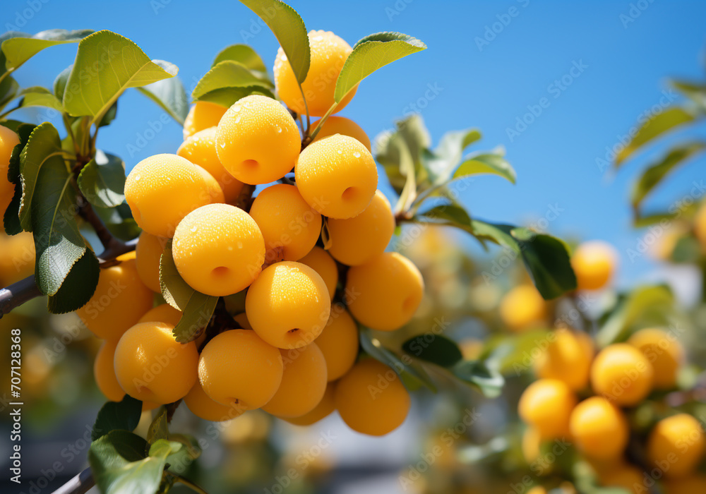 Ripe and juicy yellow plums hanging on tree with blue sky. Healthy food. AI generated