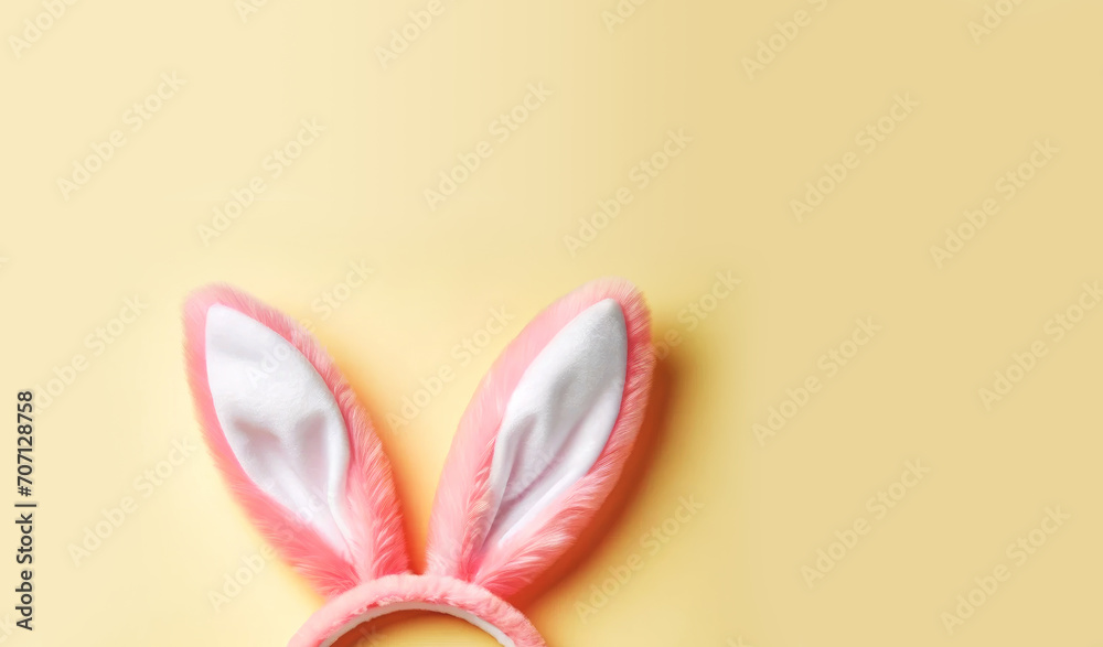 White and pink tender headband in the shape of rabbits ears on yellow Easter background