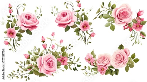 Set of vector bouquets of pink rose. Flowers on white background. All elements are isolated. Elements for wedding design. Corners and borders of pink roses. generative ai © irvan