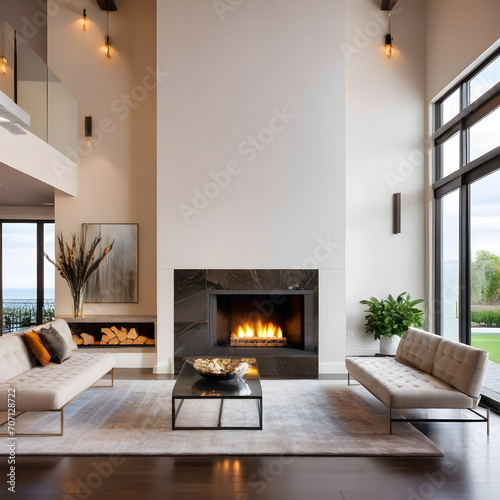 Luxurious interior design living room and fireplace in a beautiful house