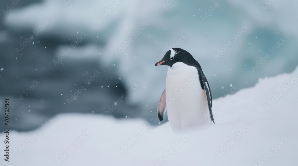 Fototapeta premium Lonely penguin in the snow. Generative AI