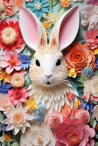 easter bunny illustration in oriental paper quilling style with colorful flower