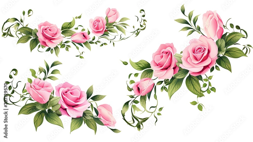 Set of vector bouquets of pink rose. Flowers on white background. All elements are isolated. Elements for wedding design. Corners and borders of pink roses. generative ai