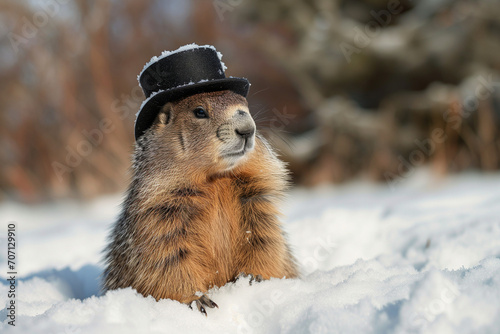 Groundhog Day Celebration: Cheerful Groundhog Wearing Cylinder Hat in the snow filed. Marmota monax. photo