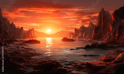 Rocky beach with huge cliffs and sunset, stylized light orange and silver. Generative Ai