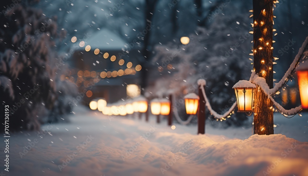 Snowy Path With Lanterns and Lights in the Snow