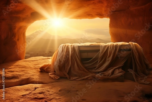 Resurrection Dawn: Empty Tomb, Shroud, and Crucifixion. Generative ai
