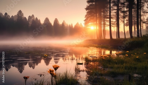 Setting Sun Over Lake With Flowers in Foreground