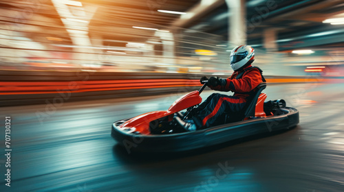 homme faisant du karting sur un piste à pleine vitesse avec casque et combinaison de pilote © Sébastien Jouve