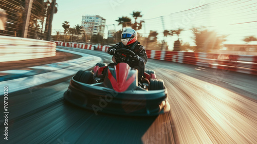 homme faisant du karting sur un piste à pleine vitesse avec casque et combinaison de pilote