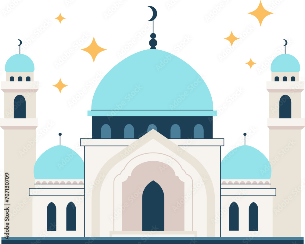 Arabic mosque with golden domes and minaret towers. Isolated simple flat style religious temple. Front view. Muslim faith place building. Middle east architecture.