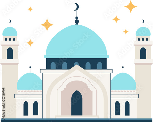 Arabic mosque with golden domes and minaret towers. Isolated simple flat style religious temple. Front view. Muslim faith place building. Middle east architecture.