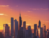 Illustration of a city skyline in intense pink and orange colors