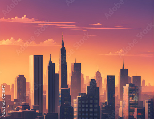 Illustration of a city skyline in intense pink and orange colors © waldwiese