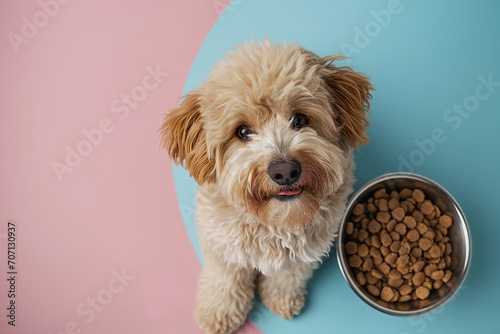 Top view photo of cute dog feeding on bowl of dog food on blue and pink background with copy space