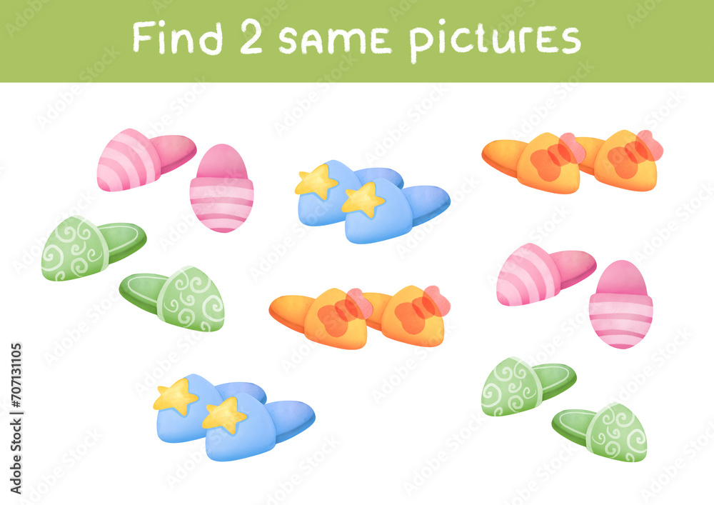 Cartoon funny slippers. Find two same pictures. Educational game for children. Activity for preschool children with matching objects and finding 2 identical. Printable worksheet