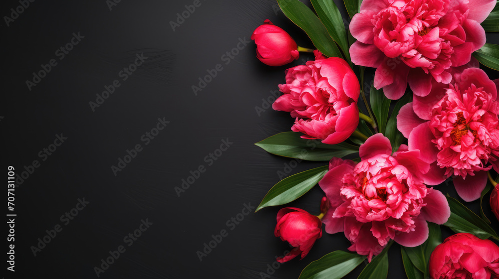 Floral banner. Bouquet of pink peonies on a black background