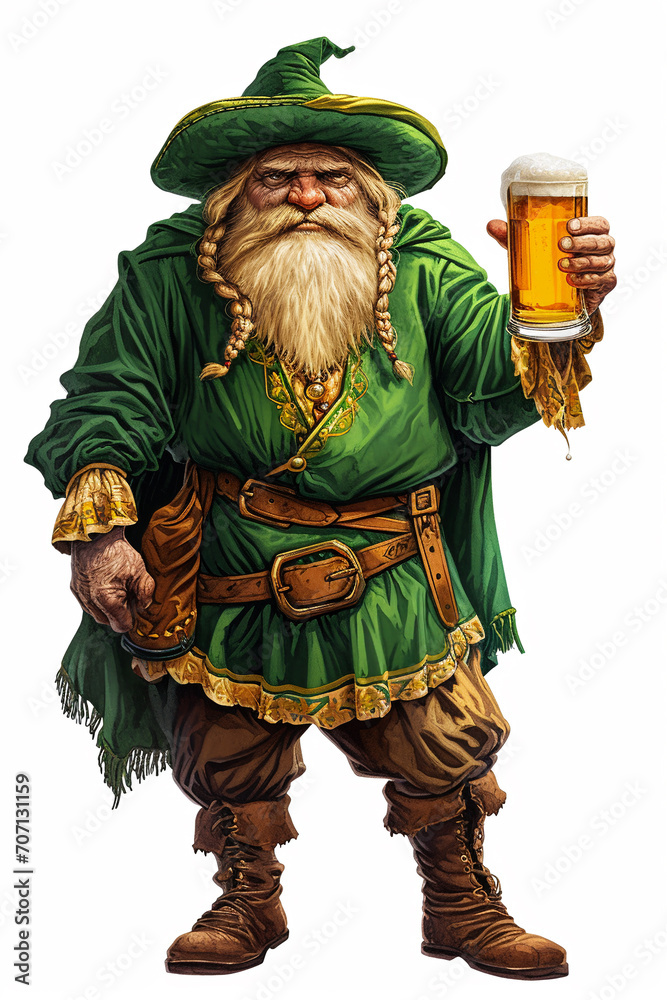Leprechaun in a green suit and hat with a glass of beer isolated on a white background. St Patrick Day concept.