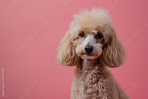 Studio portrait of a brown poodle sitting against a pink background with space for text © Darya Lavinskaya