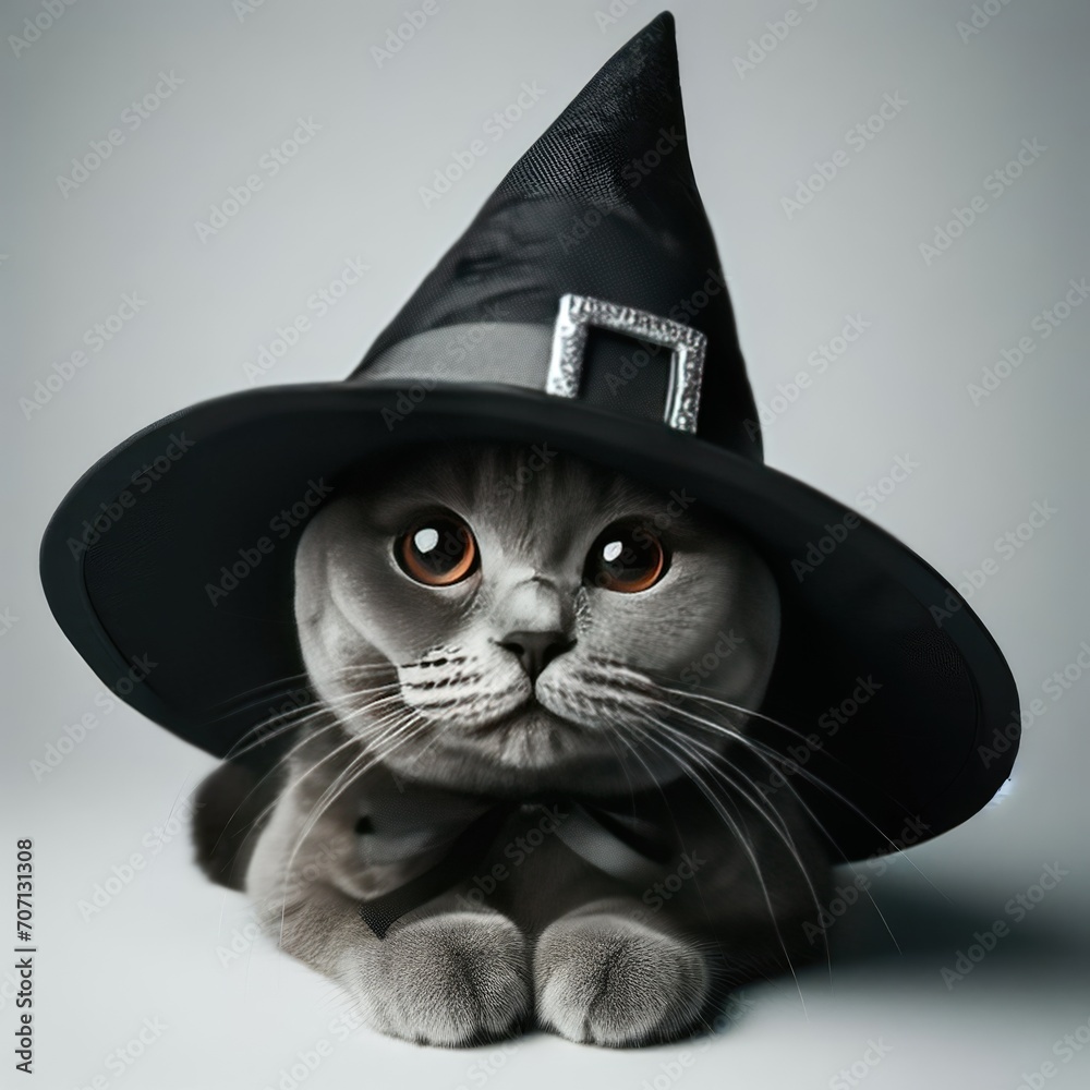 cat in a  black witch hat
