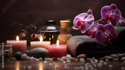 Aromatherapy, spa, beauty treatment and wellness background with massage pebbles, orchid flowers, towels, cosmetic products and burning candles.
