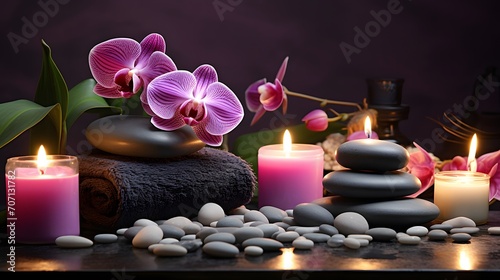 Aromatherapy, spa, beauty treatment and wellness background with massage pebbles, orchid flowers, towels, cosmetic products and burning candles.