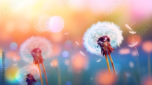 Beautiful dandelion flower with flying feathers on colorful bokeh background. Macro shot of summer nature scene. 