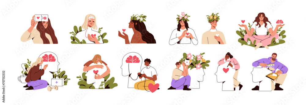 Obraz premium Mental health, psychology concept. Self love, mind care, help, acceptance. Happy people with healthy mindset, psychotherapy, wellbeing. Flat graphic vector illustration isolated on white background