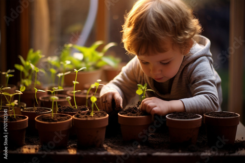 Cuddled cute little boy transplanting seedlings into pots, little agronomist, selective focus