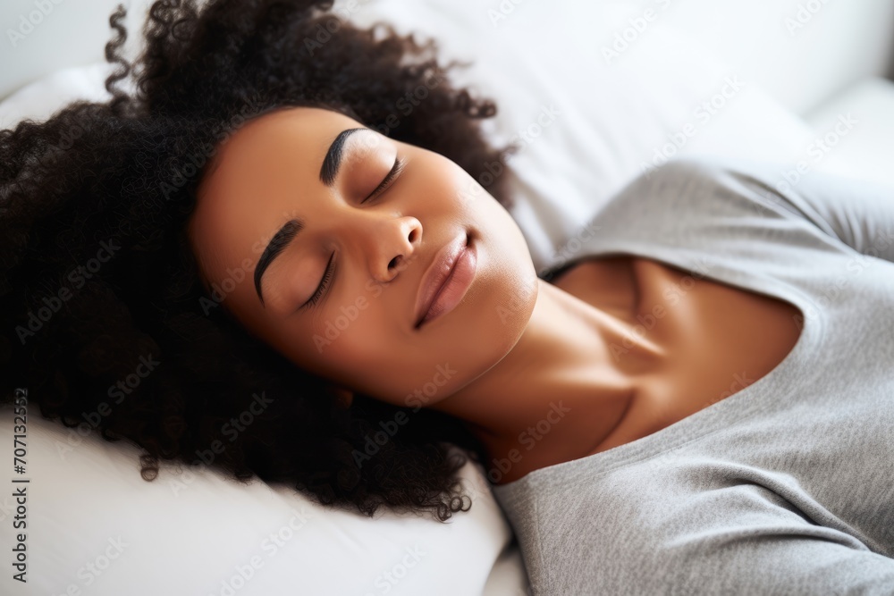 Healthy Sleep Concept. Female Enjoying Rest On Comfortable Bed. Side View Healthy Sleep Concept. Female Enjoying Rest On Comfortable Bed. Side View