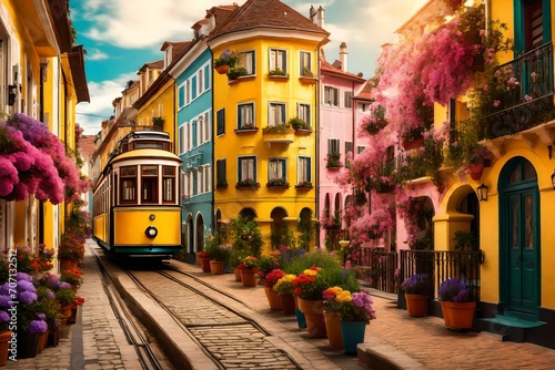 A yellow tram trundling along a charming street lined with vibrantly colored houses. Each balcony is adorned with blooming flowers, adding a splash of color and charm to the picturesque scene.