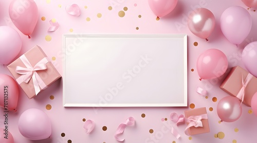 Birthday or holiday mockup with frame, gift box, pastel balloons and confetti on pink table top view. Flat lay composition.