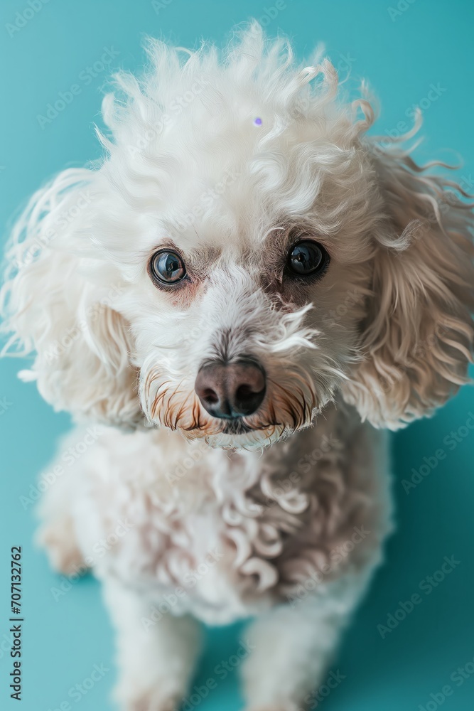 Top view photo of cute white poodle sitting against blue background Top view photo of cute white poodle sitting against blue background