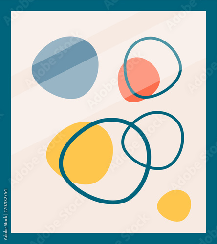 Abstract geometric shapes art with circles and ovals in blue, orange, yellow....