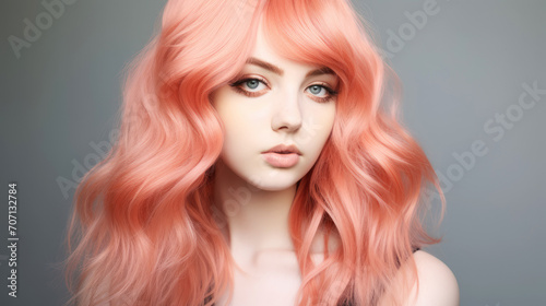 Portrait of young woman in soft peach pastel colors with natural make-up