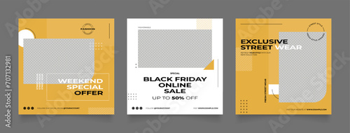 Social media template banner blog street wear fashion sale promotion. fully editable instagram and facebook square post frame puzzle organic sale poster. yellow white black vector background